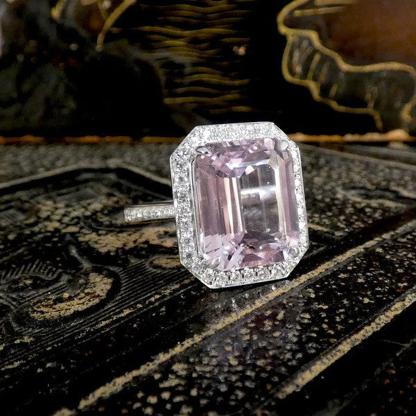 8.38ct Emerald Cut Pink Kunzite and Diamond Cluster Ring