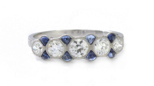 Art Deco Old Cut Diamond, Sapphire and Platinum Five Stone Ring