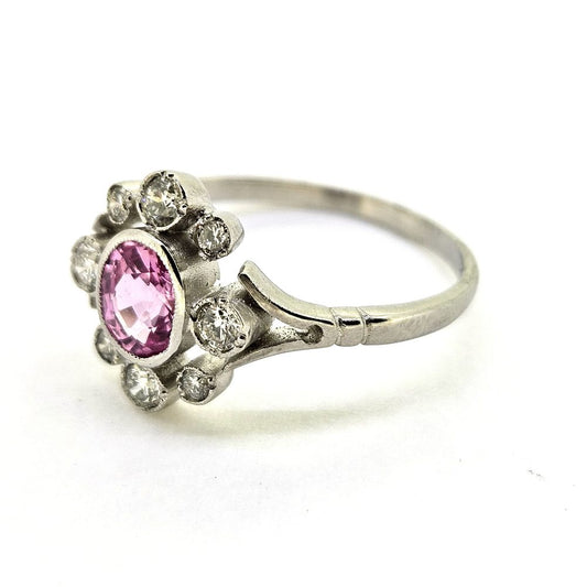 Contemporary 1ct Pink Sapphire and Diamond Flower Cluster Ring in Platinum