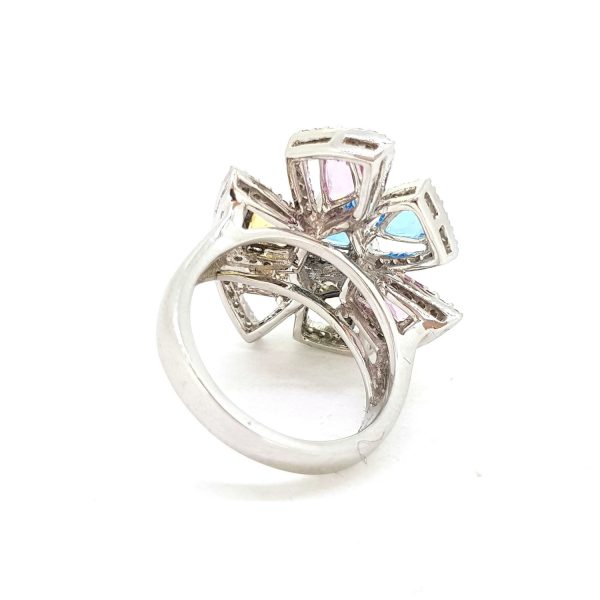 Abstract Multi Coloured Topaz and Diamond Cocktail Ring