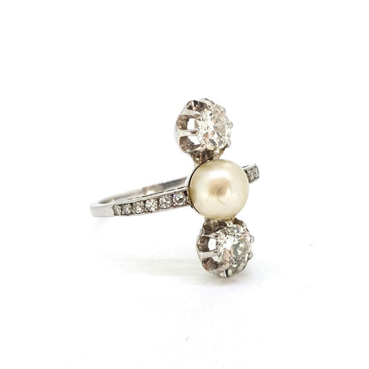Art Deco Natural Pearl and Diamond Three Stone Ring in Platinum