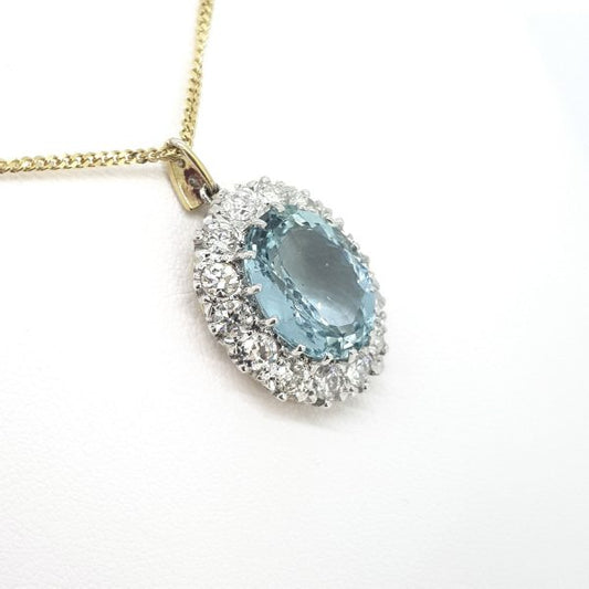 6.61ct Aquamarine and Diamond Oval Cluster Pendant