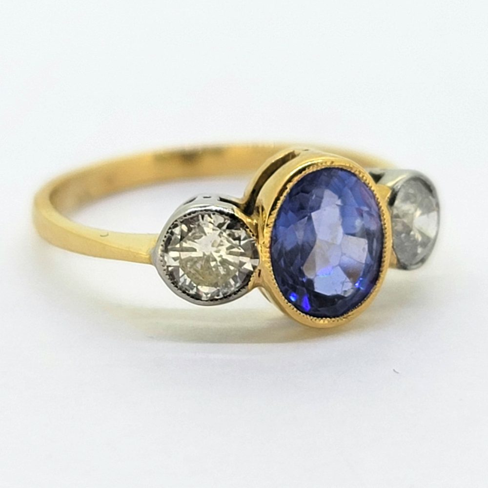 1.82ct Oval Blue Sapphire and Diamond Trilogy Ring in 18ct Gold