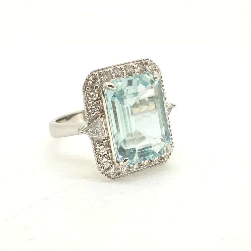 7.40ct Emerald Cut Aquamarine and Diamond Cluster Ring