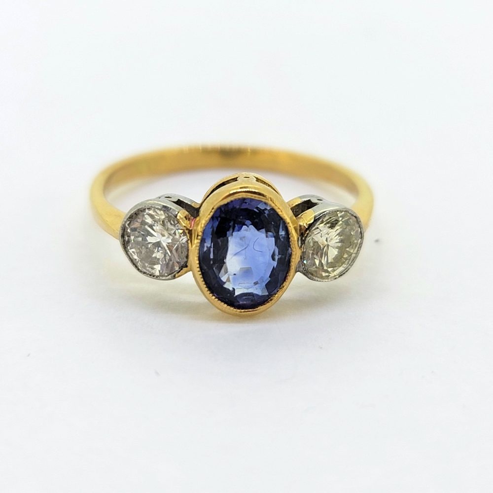 Modern 1.47ct Sapphire and Diamond Three Stone Engagement Ring