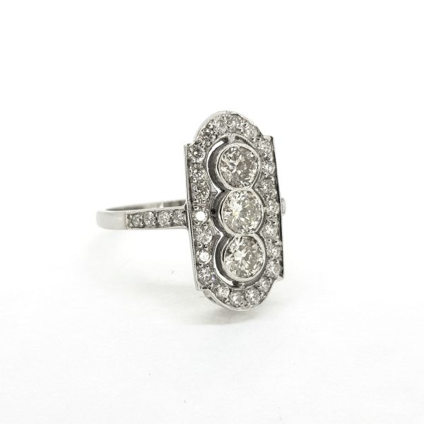 Diamond Tablet Plaque Ring in Platinum, 1.50 carat total; three vertically set diamonds within a diamond-set plaque surround
