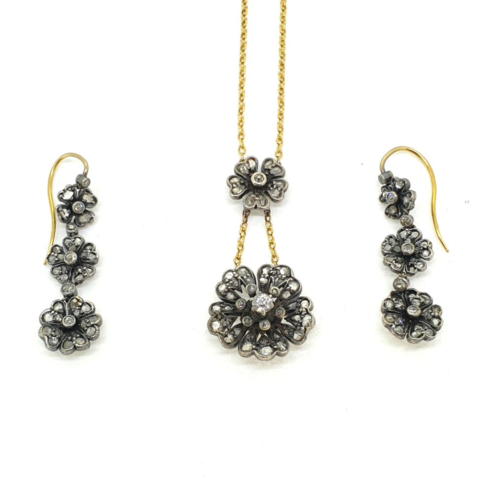 Antique Diamond Cluster Pendant and Earrings Suite