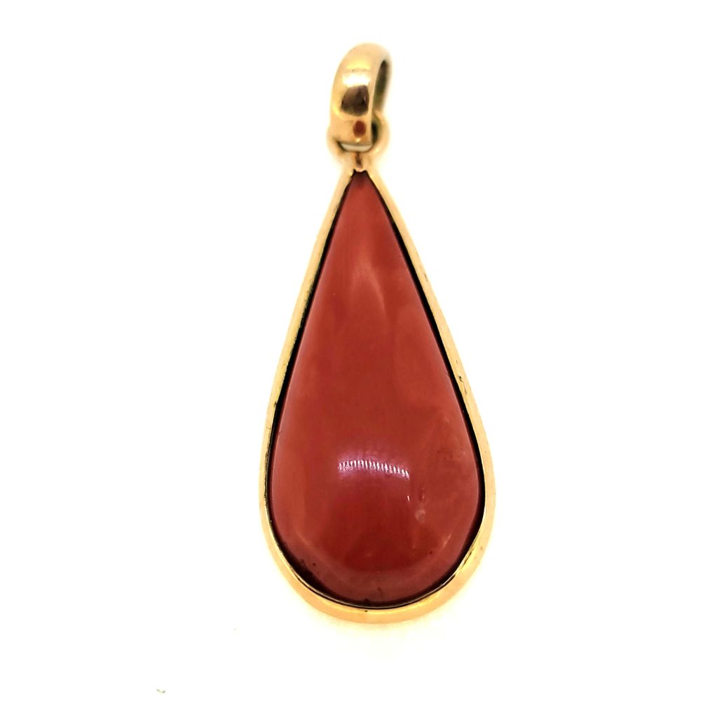 Pear Shaped Cabochon Cut Natural Coral Pendant in 14ct yellow gold