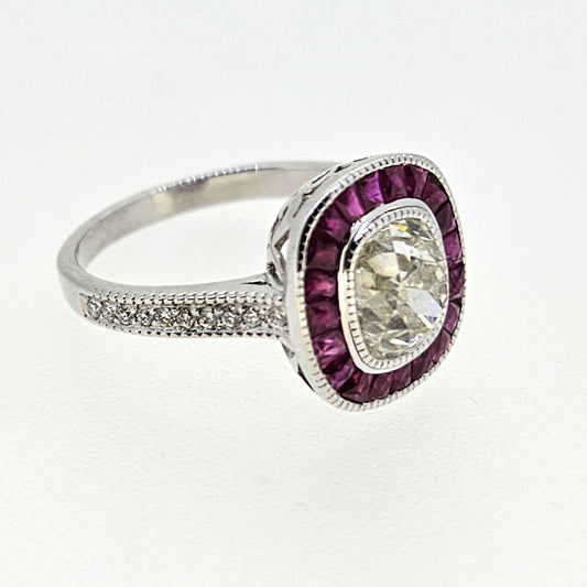 1.68ct Old Cushion Cut Diamond and Calibre Ruby Target Cluster Engagement Ring