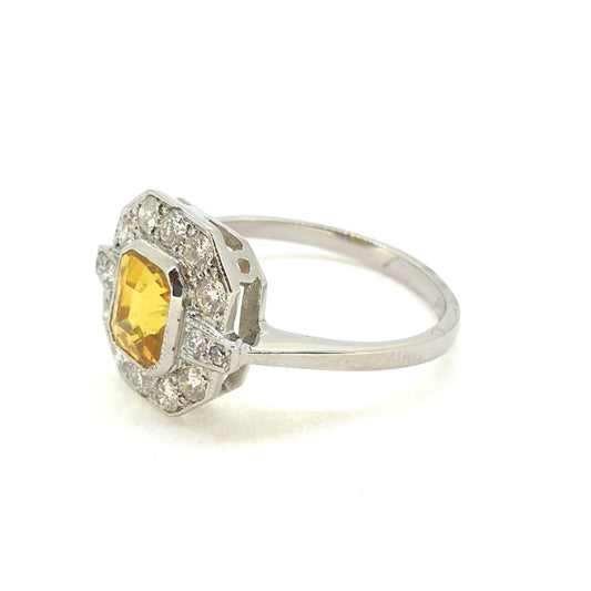 1.50ct Octagonal Step Cut Yellow Sapphire and Diamond Cluster Ring in Platinum