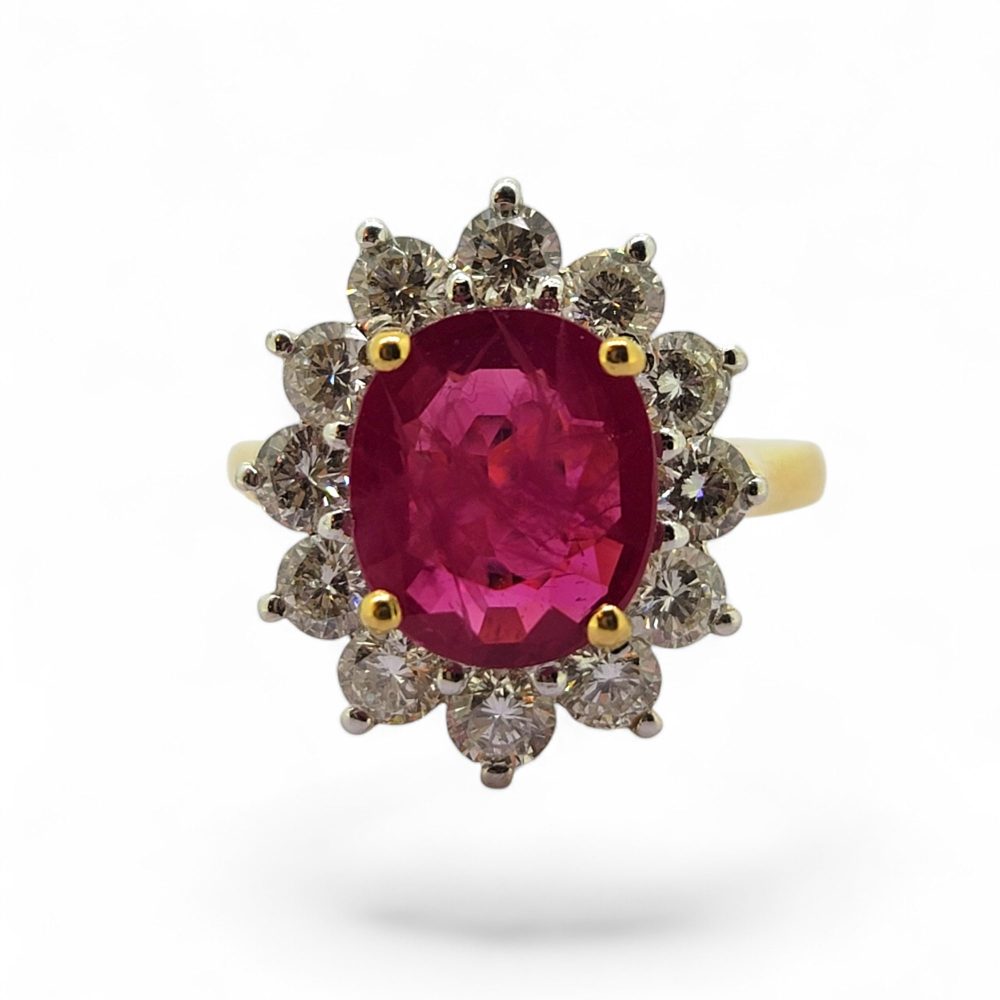3.30ct Oval Ruby and Diamond Cluster Engagement Ring in 18ct Yellow Gold