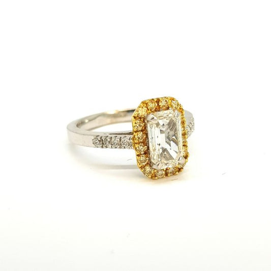 1.14ct Emerald Cut Diamond Ring with Yellow Diamond Halo