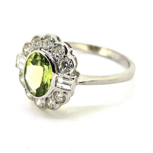 1.20ct Oval Peridot and Diamond Cluster Floral Cluster Ring in Platinum
