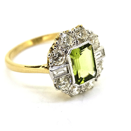 1.40ct Emerald Cut Peridot and Diamond Cluster Ring