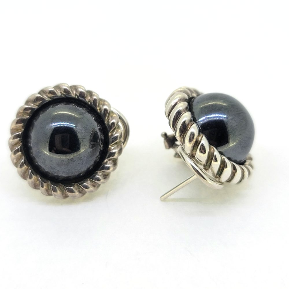 Tiffany and Co Silver Earrings, pre-loved Tiffany and Co earrings, the black central domes within a silver twist surround with post and clip fittings