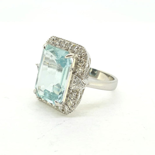 7.40ct Emerald Cut Aquamarine and Diamond Cluster Ring