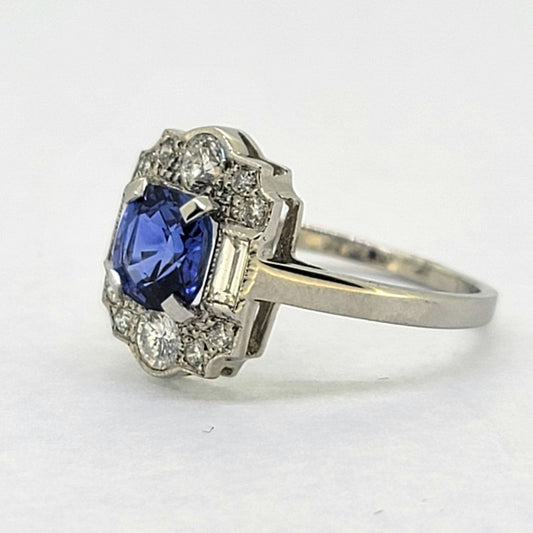Art Deco Inspired Sapphire and Diamond Cluster Ring