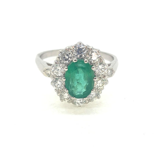 1.31ct Oval Emerald and Diamond Cluster Engagement Ring in Platinum
