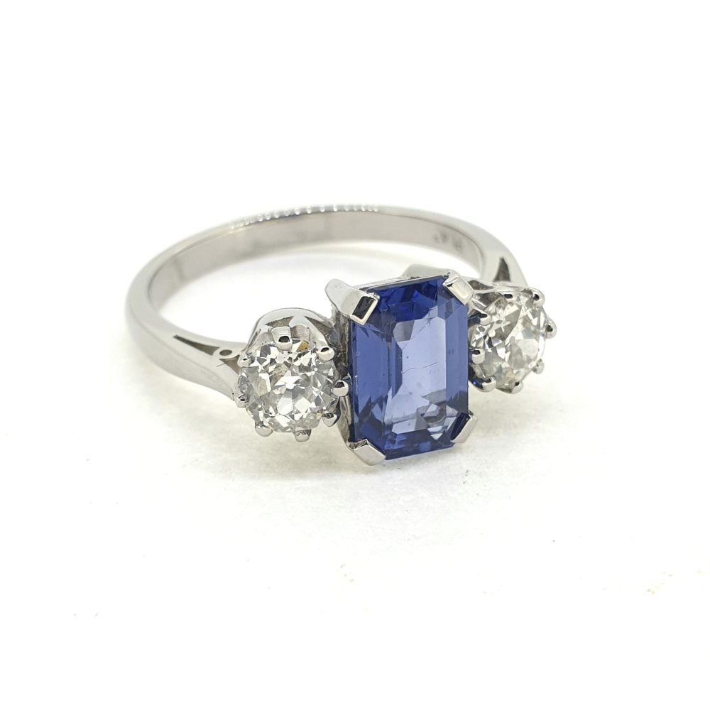 2ct Emerald Cut Sapphire and Diamond Three Stone Engagement Ring
