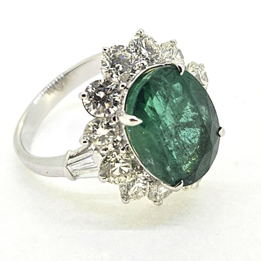 6.61ct Oval Emerald and Diamond Cluster Engagement Ring in 18ct Gold