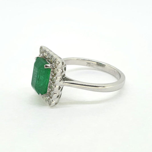 2.12ct Emerald-Cut Emerald and Diamond Rectangular Cluster Plaque Ring in 18ct White Gold