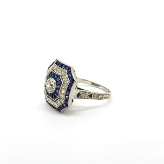 Art Deco Style Sapphire and Diamond Cluster Dress Ring in Platinum