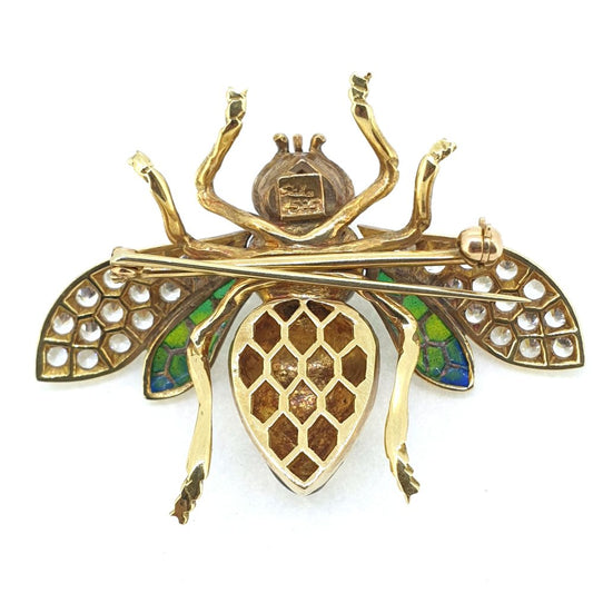 Vintage Plique a Jour Enamel and Diamond Bee Brooch with Ruby and Sapphire