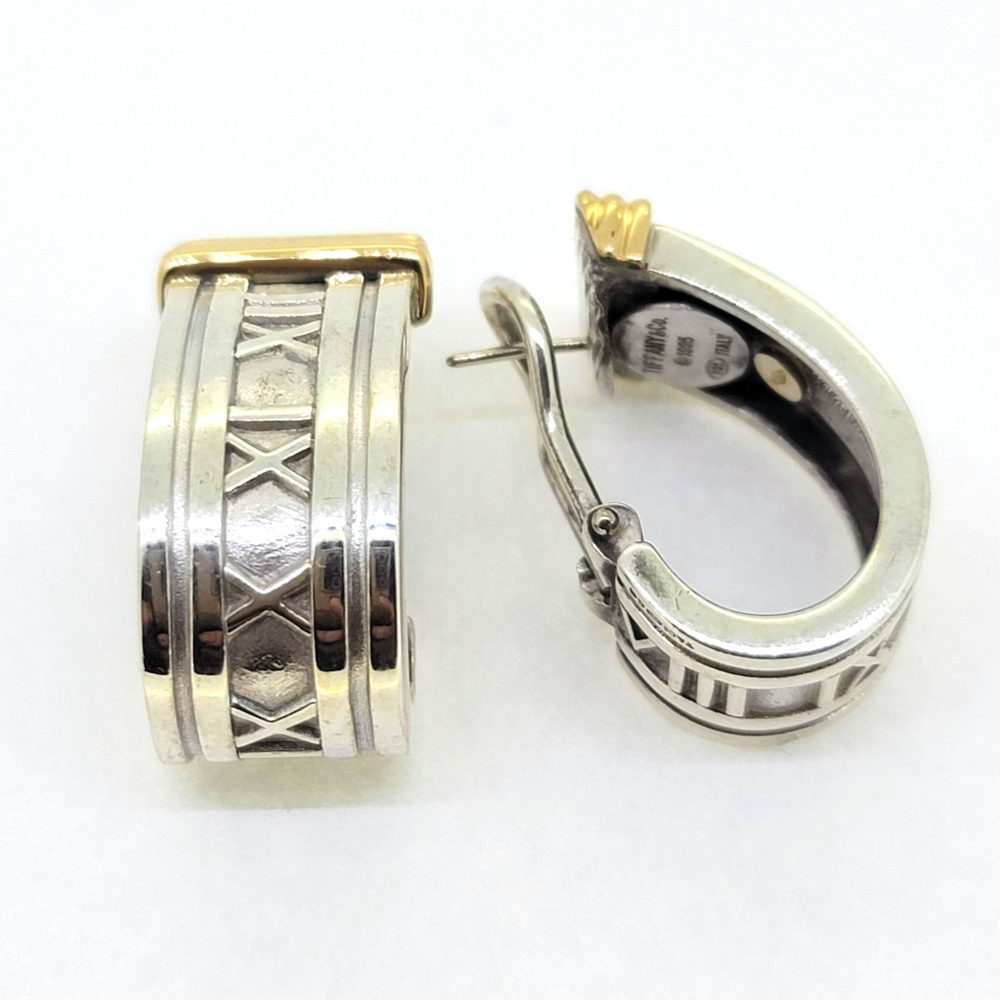 Vintage Tiffany and Co Atlas Collection Silver and Gold Earrings, 925 silver Tiffany & Co earrings accented with '750' 18ct yellow gold edges. with post and clip fittings