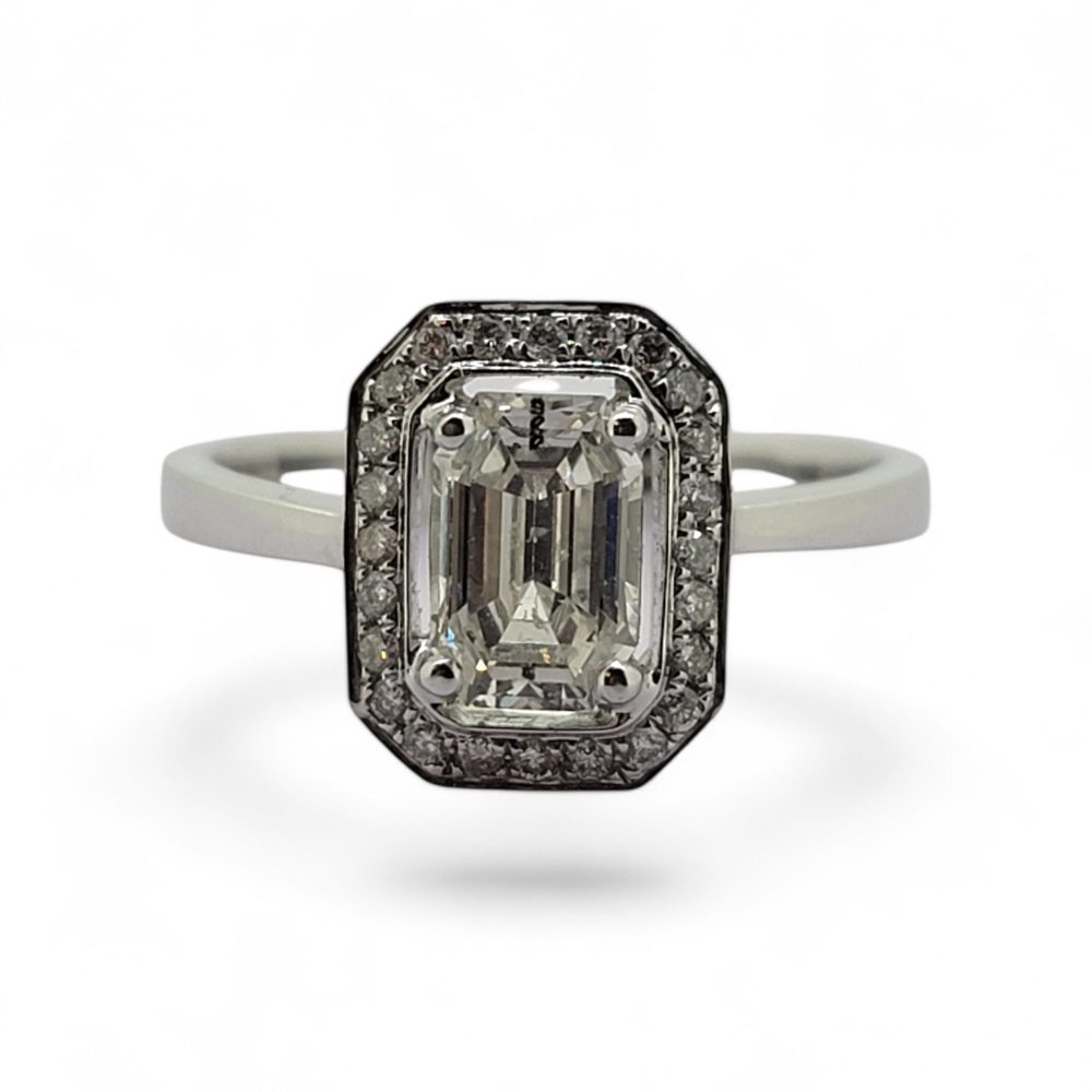 0.87ct Emerald Cut Diamond Cluster Engagement Ring in 18ct White Gold
