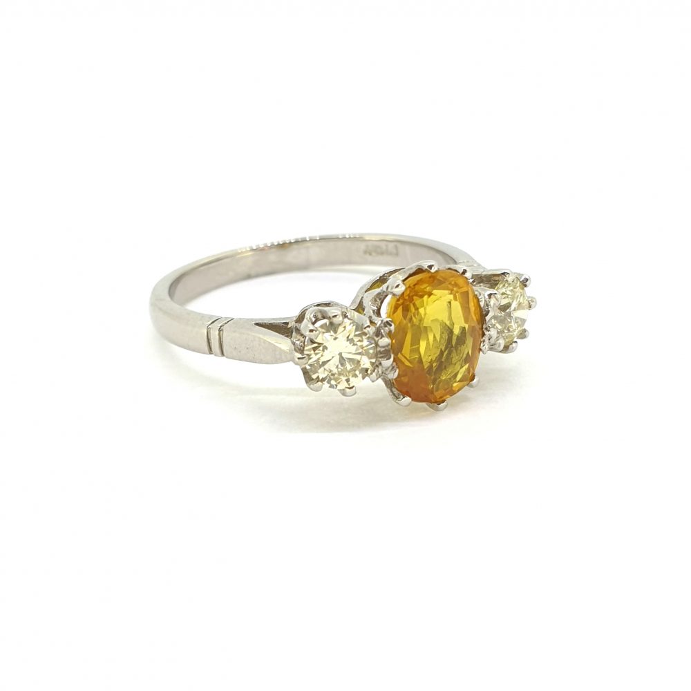 1.7ct Oval Yellow Sapphire and Diamond Three Stone Engagement Ring