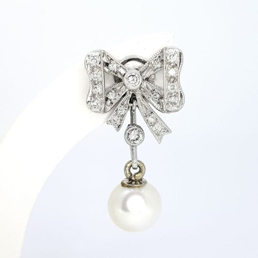 Vintage Pearl and Diamond Bow Drop Earrings