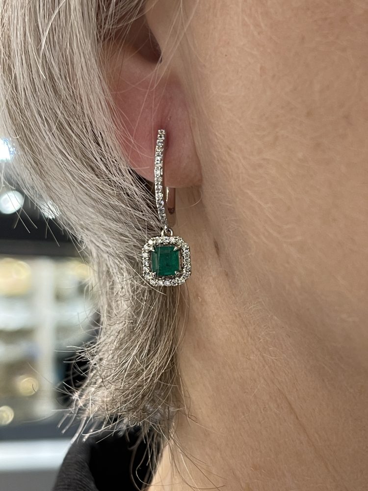 0.92ct Emerald and Diamond Cluster Drop Earrings