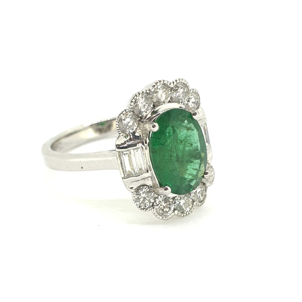 2.07ct Oval Emerald and Diamond Cluster Engagement Ring