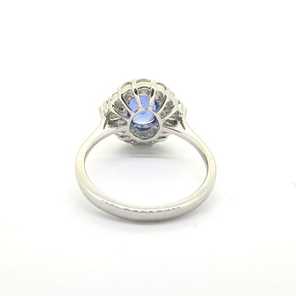 An oval sapphire and diamond claw set cluster ring in white gold