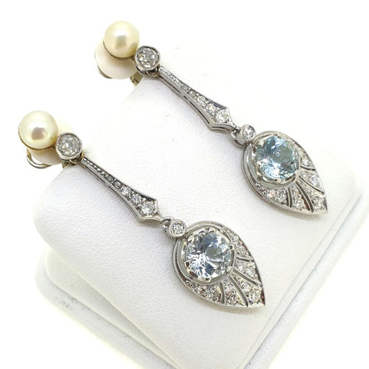 Art Deco Natural Pearl Aquamarine and Diamond Drop Earrings
