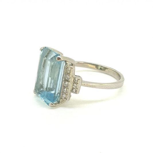 6.20ct Emerald Cut Aquamarine and Diamond Dress Ring