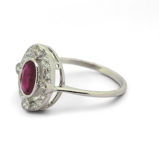 Ruby and Diamond Halo Cluster Engagement Ring