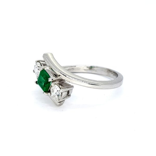 Emerald and Diamond Crossover Three Stone Ring in 18ct White Gold