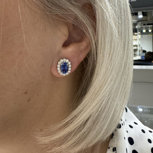3.67ct Oval Sapphire and Diamond Cluster Stud Earrings
