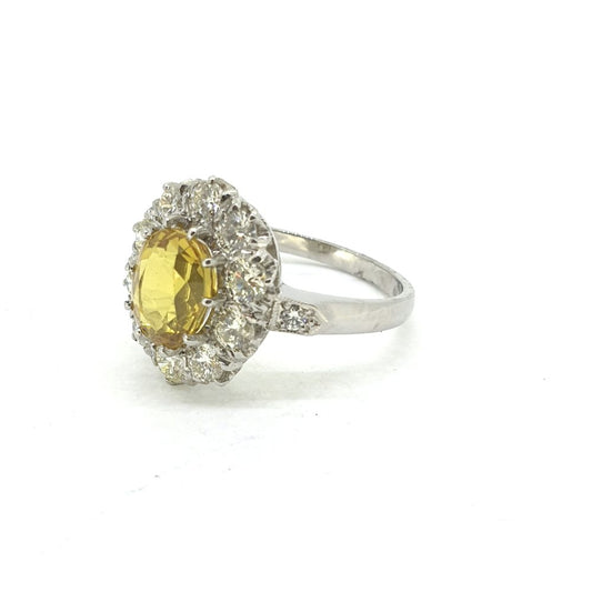 Yellow Sapphire and Diamond Cluster Engagement Ring in Platinum