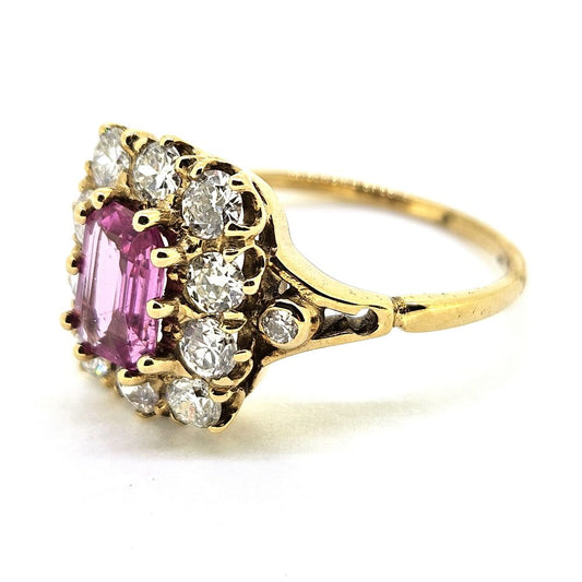 Antique Style Pink Sapphire and Diamond Crown Cluster Ring in Yellow Gold