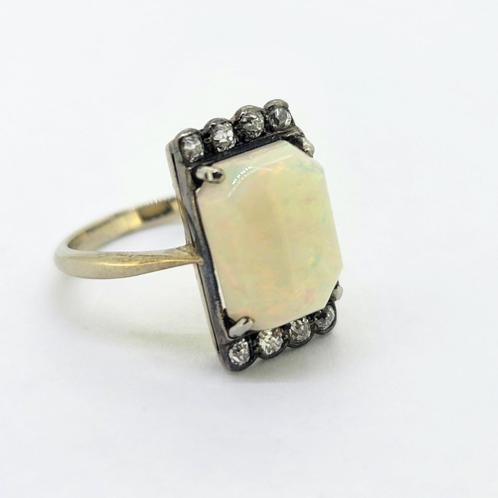 Art Deco Opal and Old Cut Diamond Plaque Ring