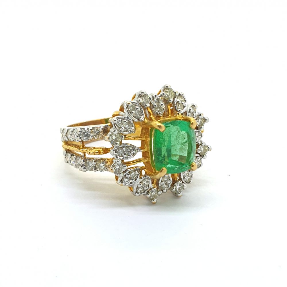 Emerald and Diamond Sunburst Cluster Dress Ring in 21ct Yellow Gold