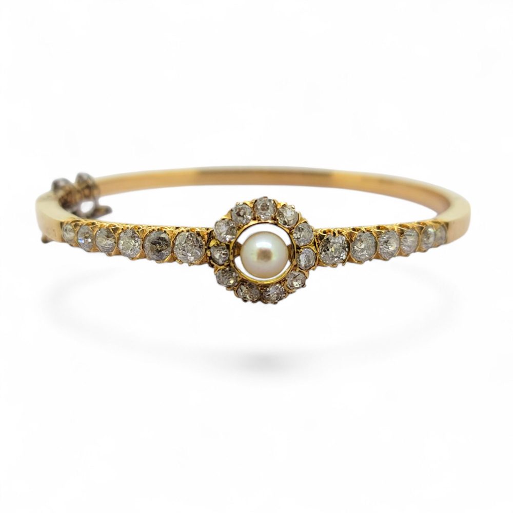 Antique Natural Pearl and Diamond Cluster Bangle Bracelet, 18ct yellow gold hinged bangle set with diamonds and central natural pearl