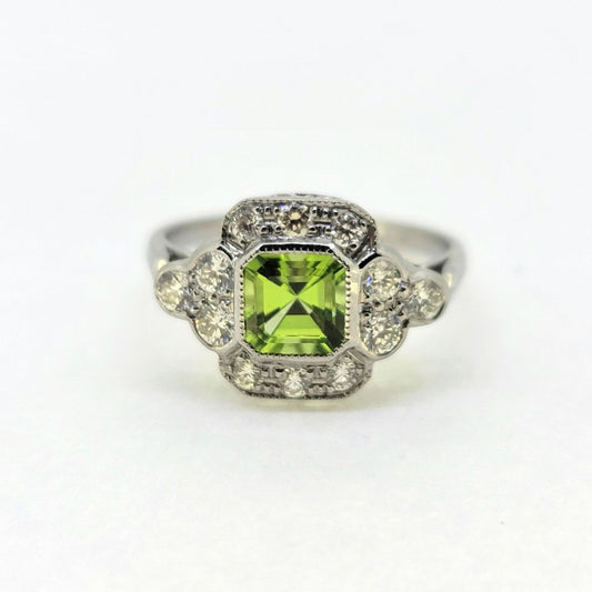 1ct Peridot and Diamond Cluster Ring in Platinum