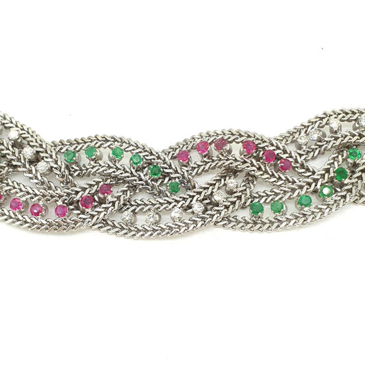 Emerald Diamond and Ruby Set 18ct White Gold Woven Bracelet