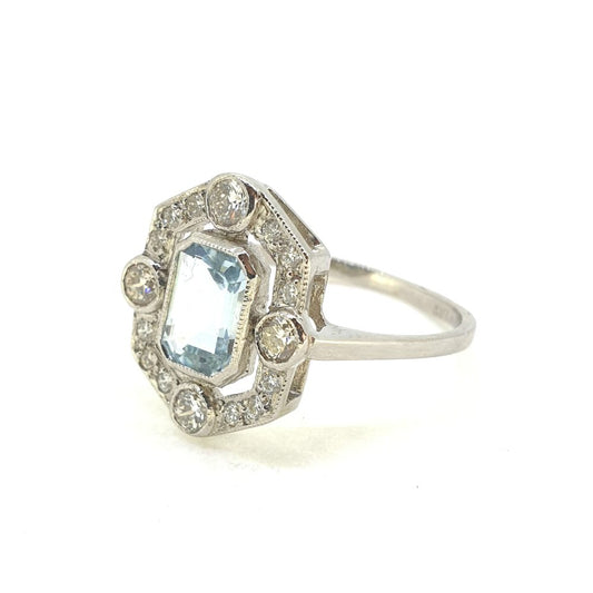 Contemporary 0.90ct Aquamarine and Diamond Fixed Halo Cluster Ring