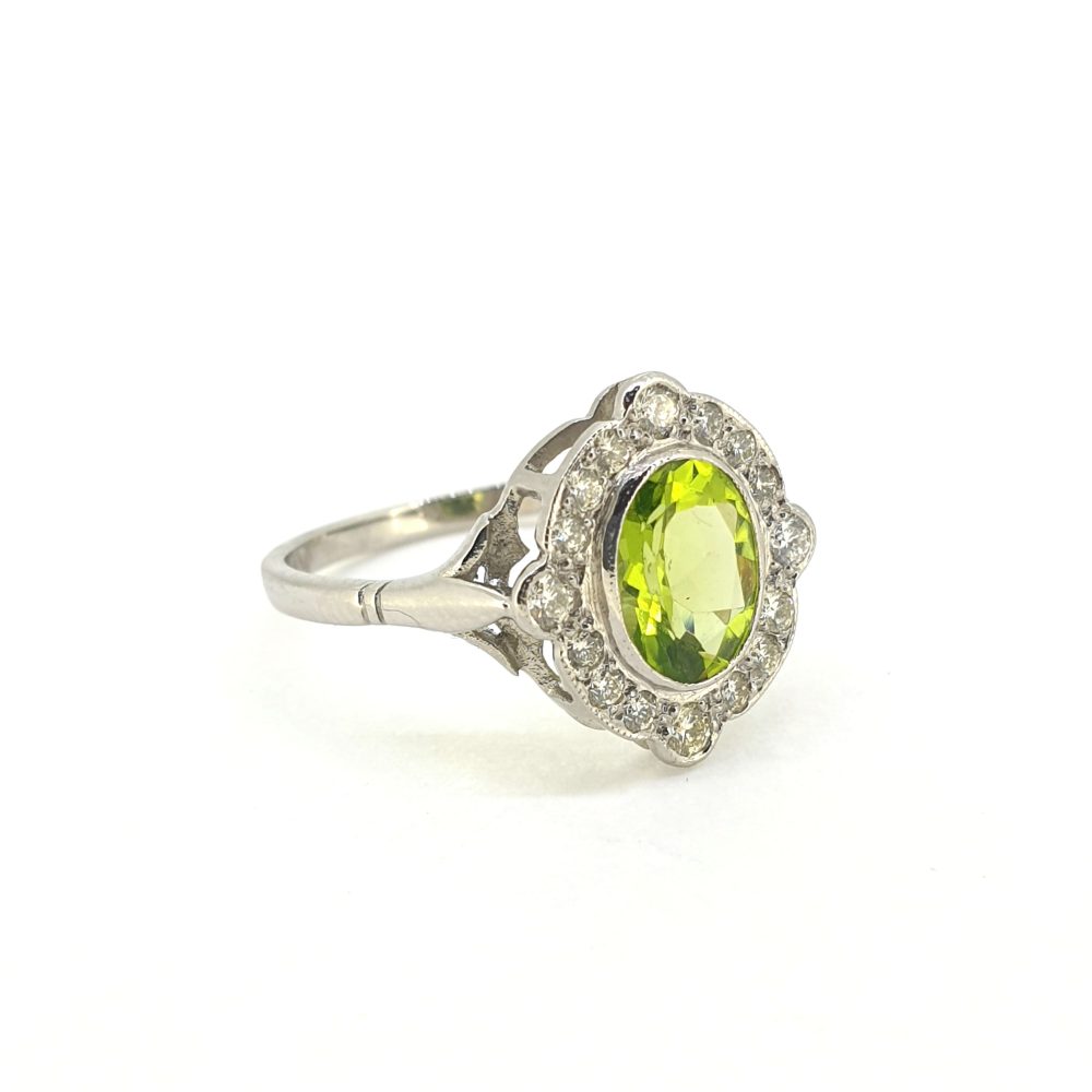 1.35ct Oval Peridot and Diamond Cluster Ring