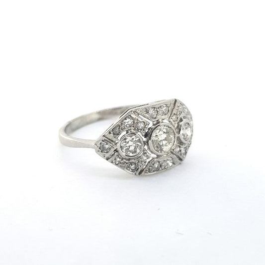Art Deco Style Diamond Cluster Ring in Platinum, 0.75 carat total, three central diamonds set within a diamond-set geometric surround