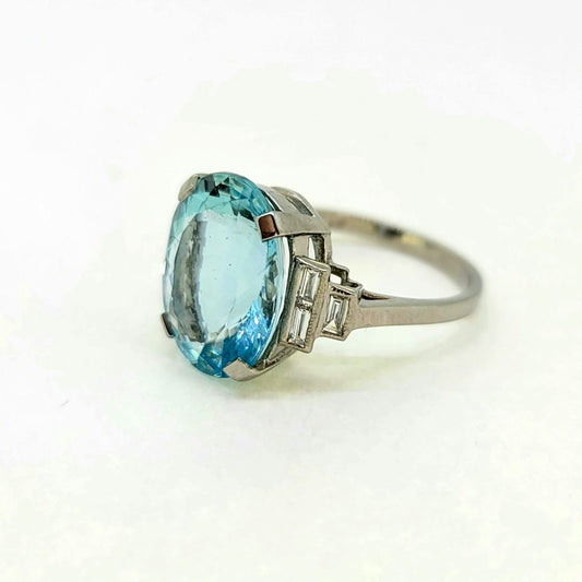 7ct Oval Aquamarine Solitaire Ring with Baguette Shoulders